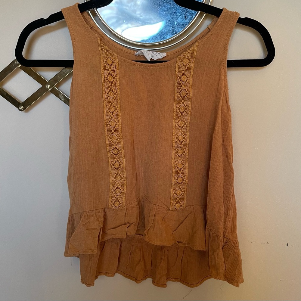 Hippie Rose Brown Ruffled Tank Top with Lace